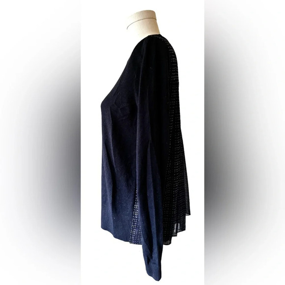 LOFT Mixed Media Pleated Chiffon Sweater, Navy blue plaid, size medium - Picture 7 of 10